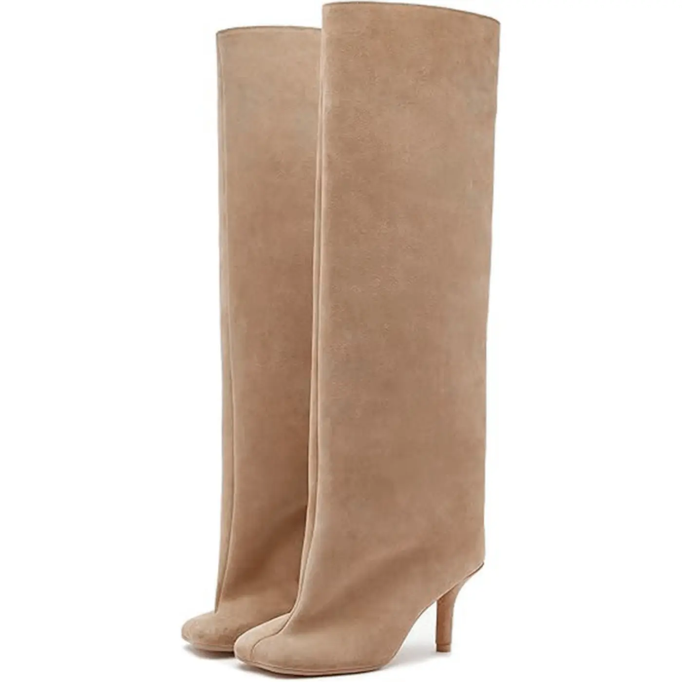 EROCALLI Women's Nude Suede Knee High Boots Square Toe Wide Calf Fashion Boots with Kitten Heel Pull On Tall Winter Boots for Ladies