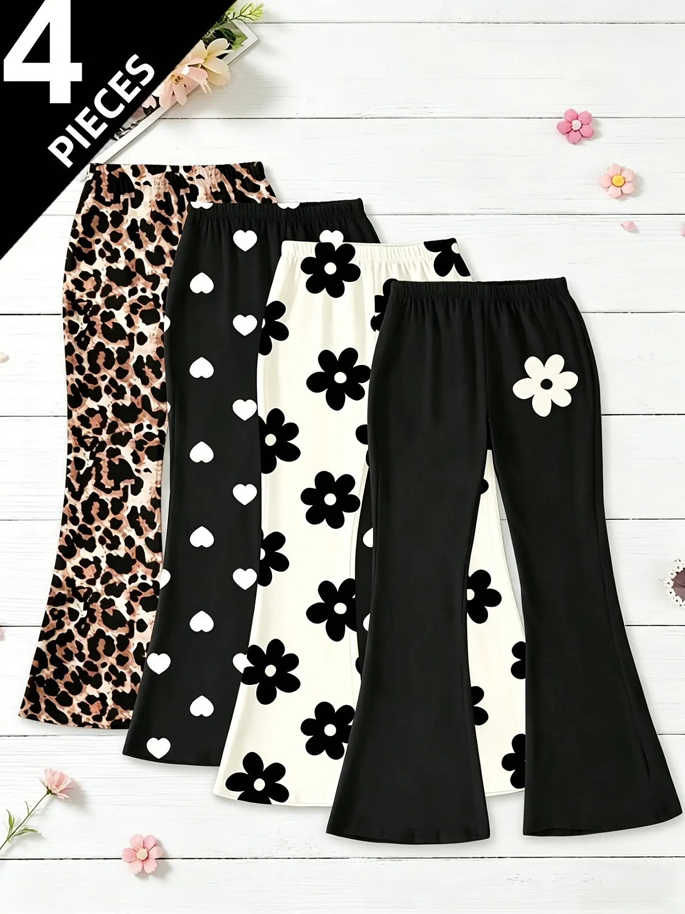 Girls' 4-Pack Printed Micro-Ruffle Pants, Leopard/heart/blossom Patterns, High-Waisted Elastic Waist, Casual Long Pants