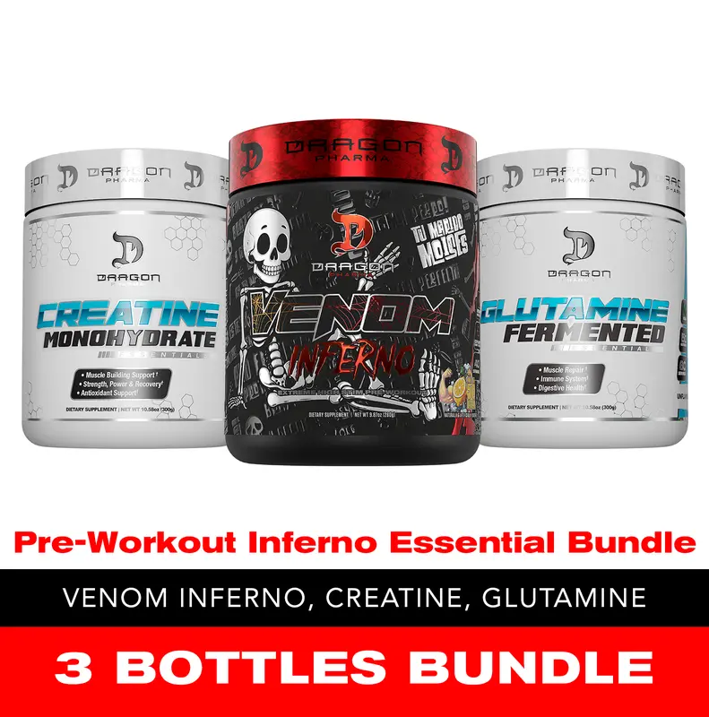 Dragon Pharma Venom Inferno Essential 3 Bottles Bundle: Venom Inferno, Creatine 300g, Glutamine 300g