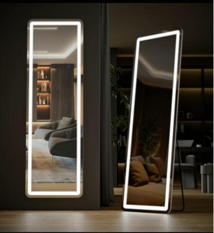 Mirror Full Length Standing Mirror with LED Lights, 64"x21" Lighted Floor Mirror with Stand, w/Dimming & 3 Color Lighting, Wall Mirror Full Length Aluminum Alloy Thin Frame