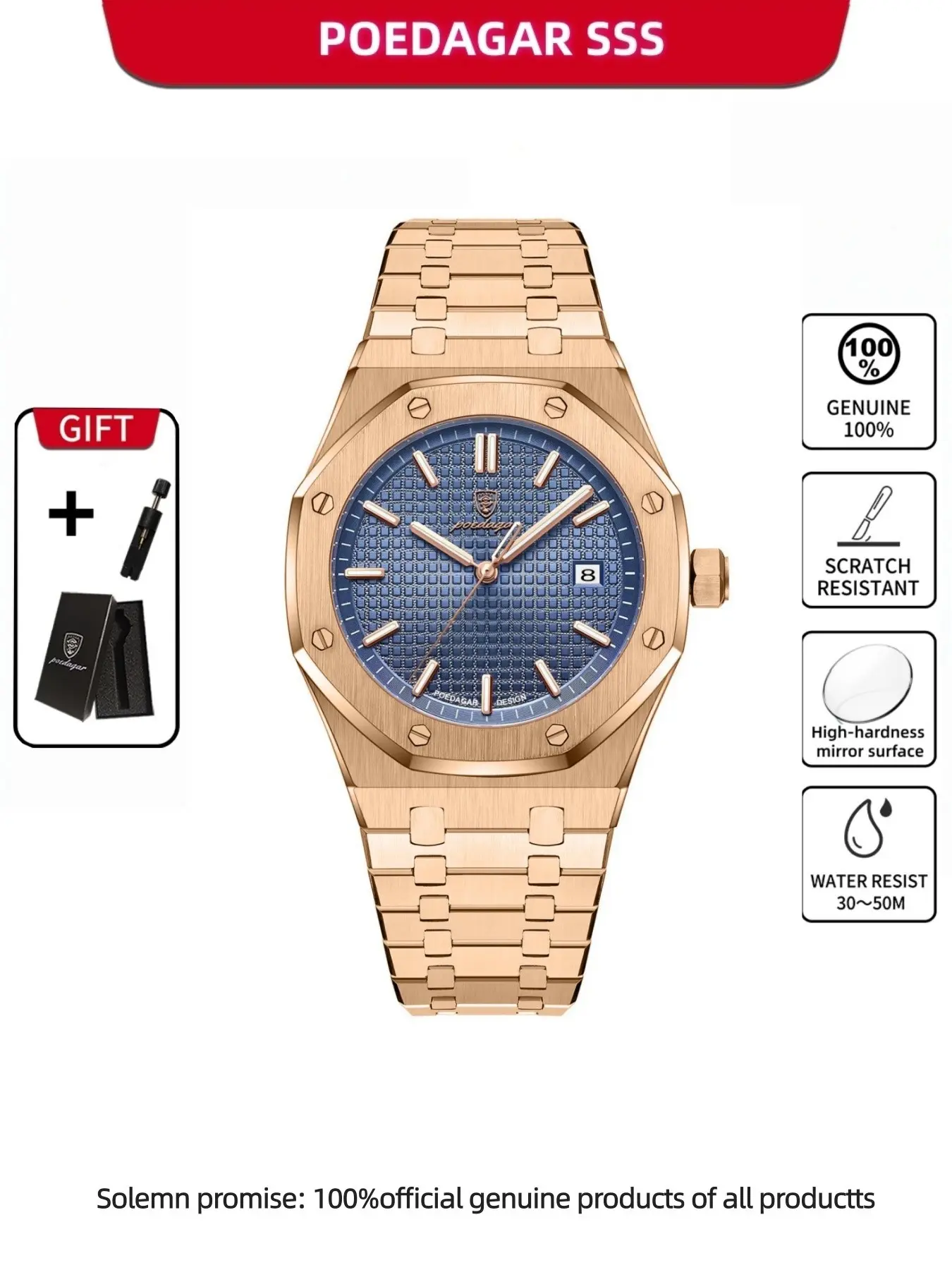Poedagar Waterproof Night Light Date Men's Watch, Stainless Steel Quartz Watch, Luminous Analog Watch, Waterproof Wristwatch, Water Resistant Wristwatch, Analog Quartz Watches