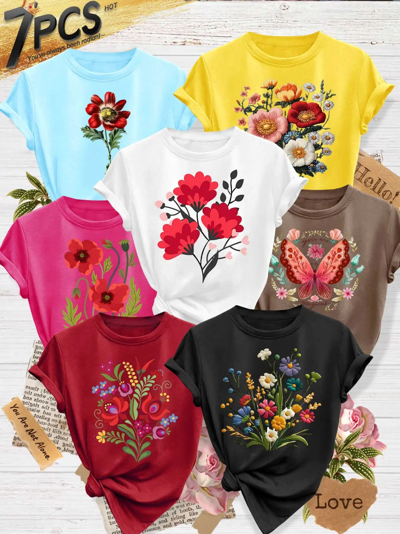 Women's 7-Pack Casual Fashion Short-Sleeve Crew Neck Round Neck T-Shirt, Casual Tee Tops, Watercolor Floral Butterfly Poppy Print, Multiple Colors Available, Machine Washable, Daily Versatile Spring & Summer Top, Soft Skin-Friendly Fabric, Womenswear