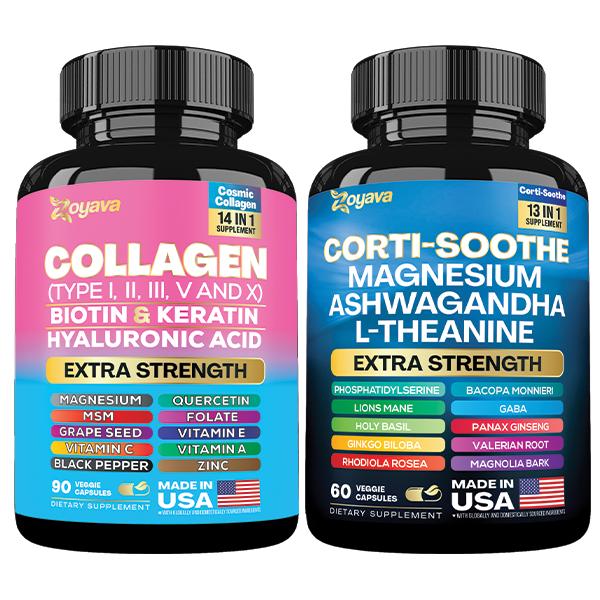 Shining Serenity Set - Zoyava Collagen & Cortisol All-in-One Multivitamin Combo - Made in USA with Extra Strength Ingredients