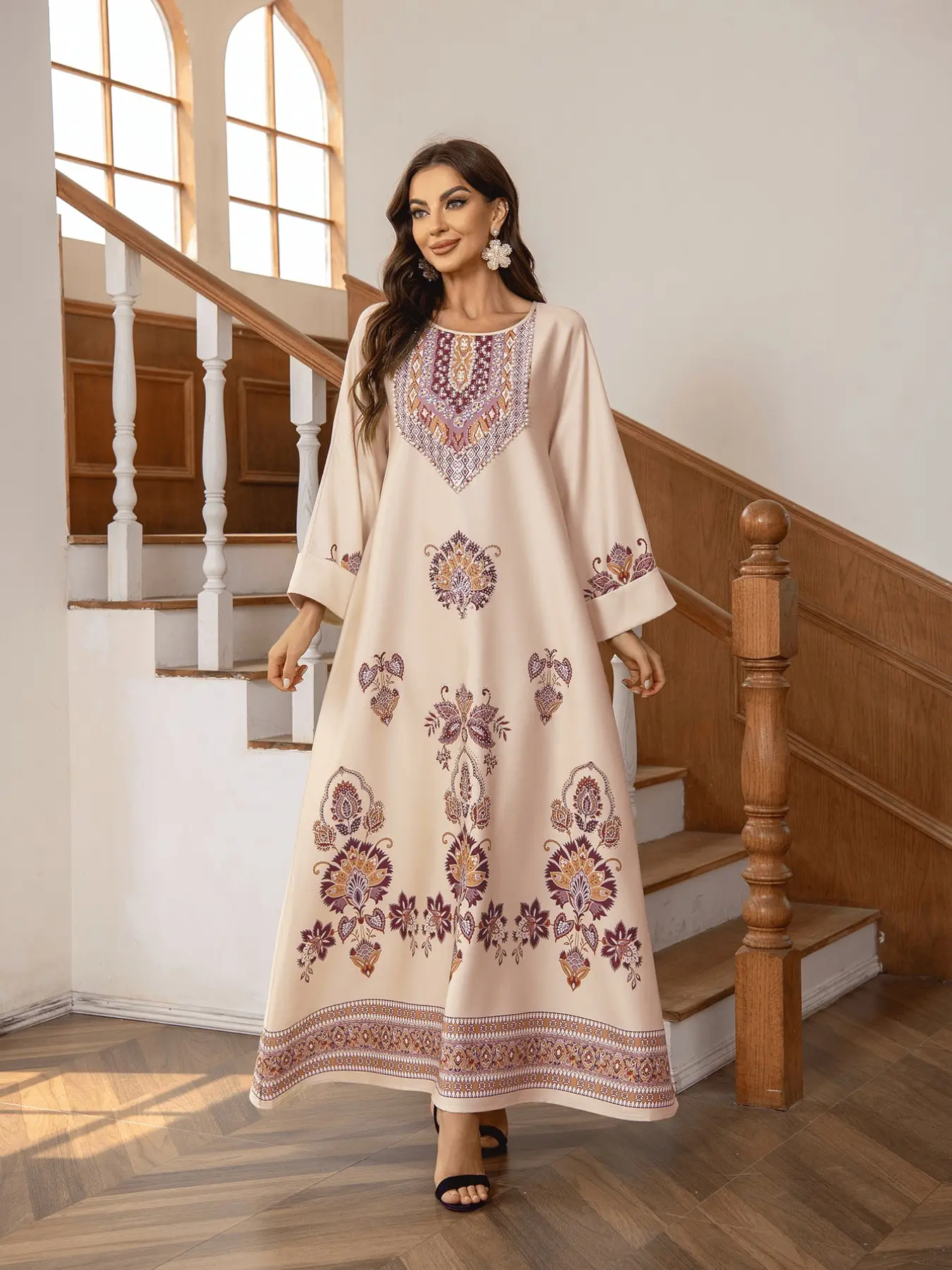 Women's Floral Print  Long Dress, Elegant Round Neck Long Sleeve Dress for Evening Party Holiday Wedding Guest, Ladies Clothes for All Seasons