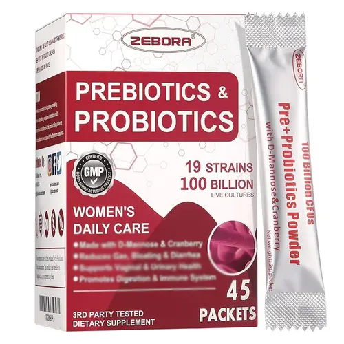 ZEBORA Probiotics-for-Women 100-Billion-CFUs with Prebiotics, D-Mannose & Cranberry, 45 Packets Edible Fitness Healthcare Supplement