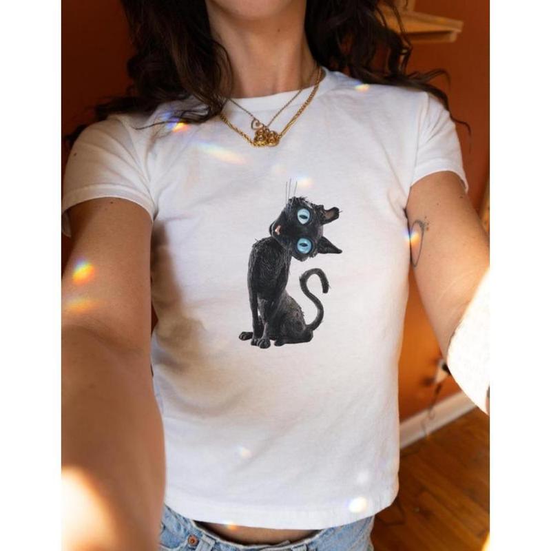 Women's Coraline-Inspired Black Cat Cotton T-Shirt - Lady's Casual Comfortable Crewneck Top for Cat Lovers (Please refer to the size chart for selection), T Shirts, Shortsleeve, Tshirt, T Shirts For Women