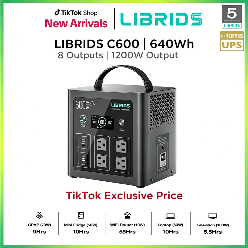 LIBRIDS C600 Portable Power Station for Home Backup,Camping ,Outages, Solar Generator,640Wh LiFePO4 Battery 8 Ports Ultra-Fast 0-80% Charging in 1Hr,Emergency Supply,Travel RVs Emergencies Gas Generator Alternative Charging Rechargeable