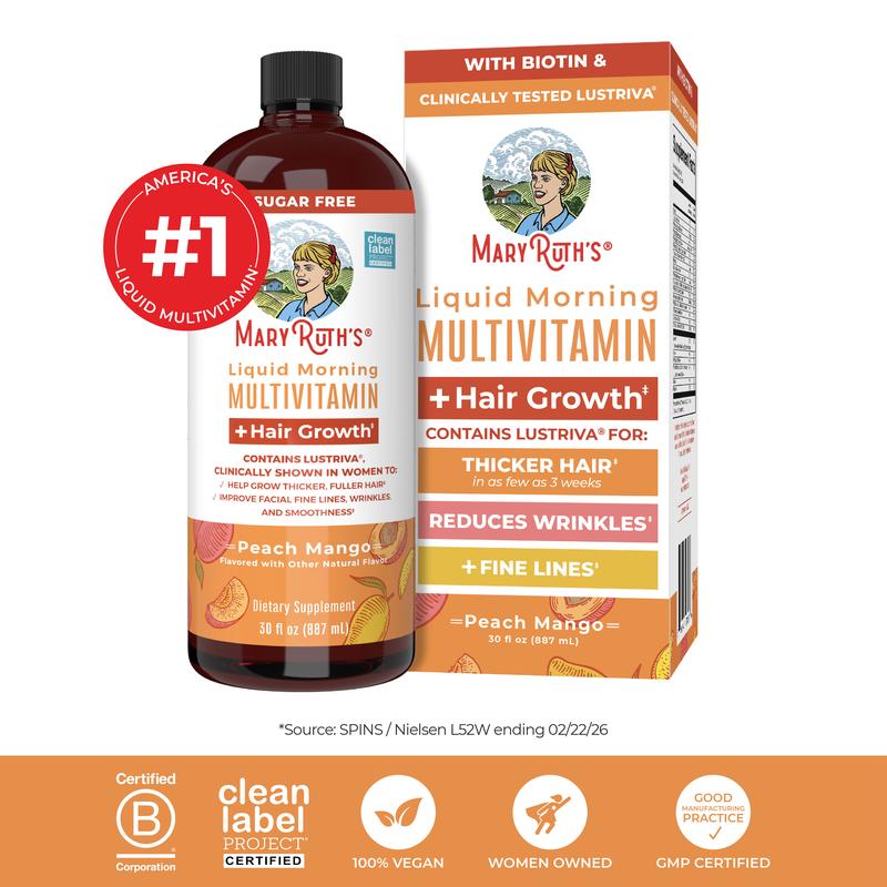 MaryRuth's Liquid Multivitamin + Hair Growth - Clinically Tested Lustriva for Thicker Hair in Women - Improve Facial Wrinkles - Vegan - 30 Fl Oz