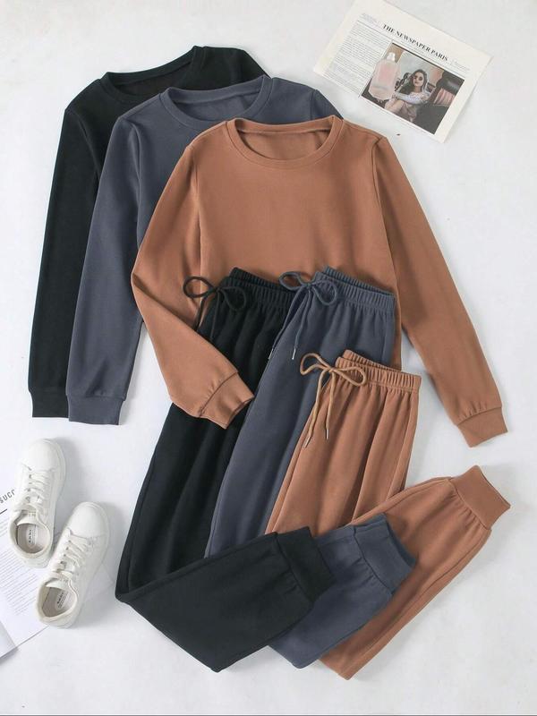 Solid Color Long Cardigan + Round Neck Casual Top and Elastic Waist Wide Leg Pants Three-piece Set