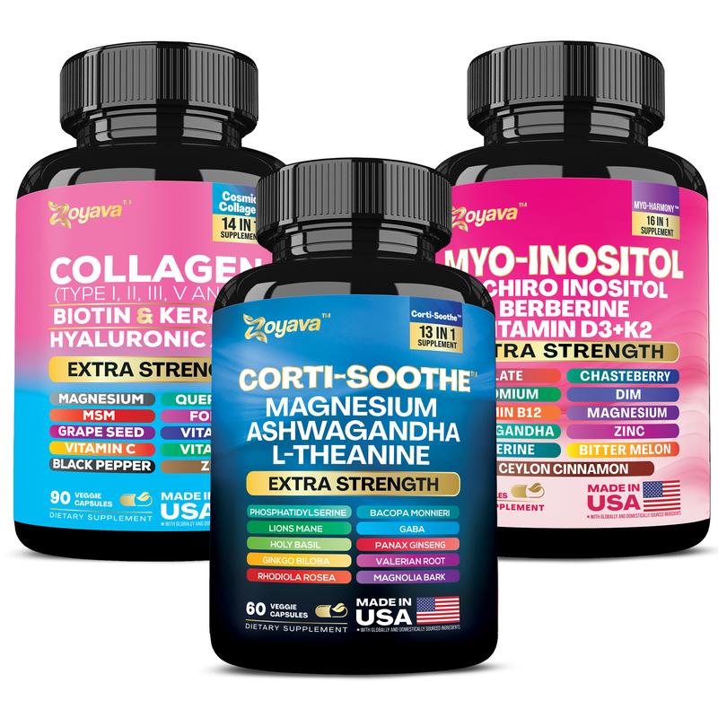 She Shines Set - Zoyava Ultimate Women's All-in-One Supplement with Corti-Soothe, Myo-Inositol, Collagen & Extra Strength Ingredients - Made in USA