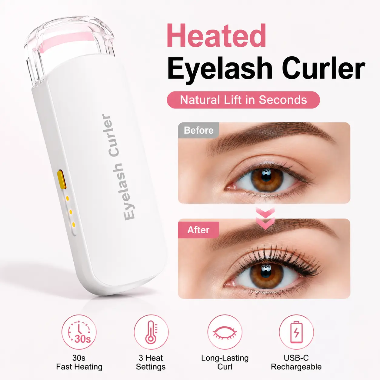 Heated Eyelash Curler, USB Rechargeable Electric Lash Curler with 3 Temperature Settings, Silicone Heating Pad for Long-Lasting Natural Curl