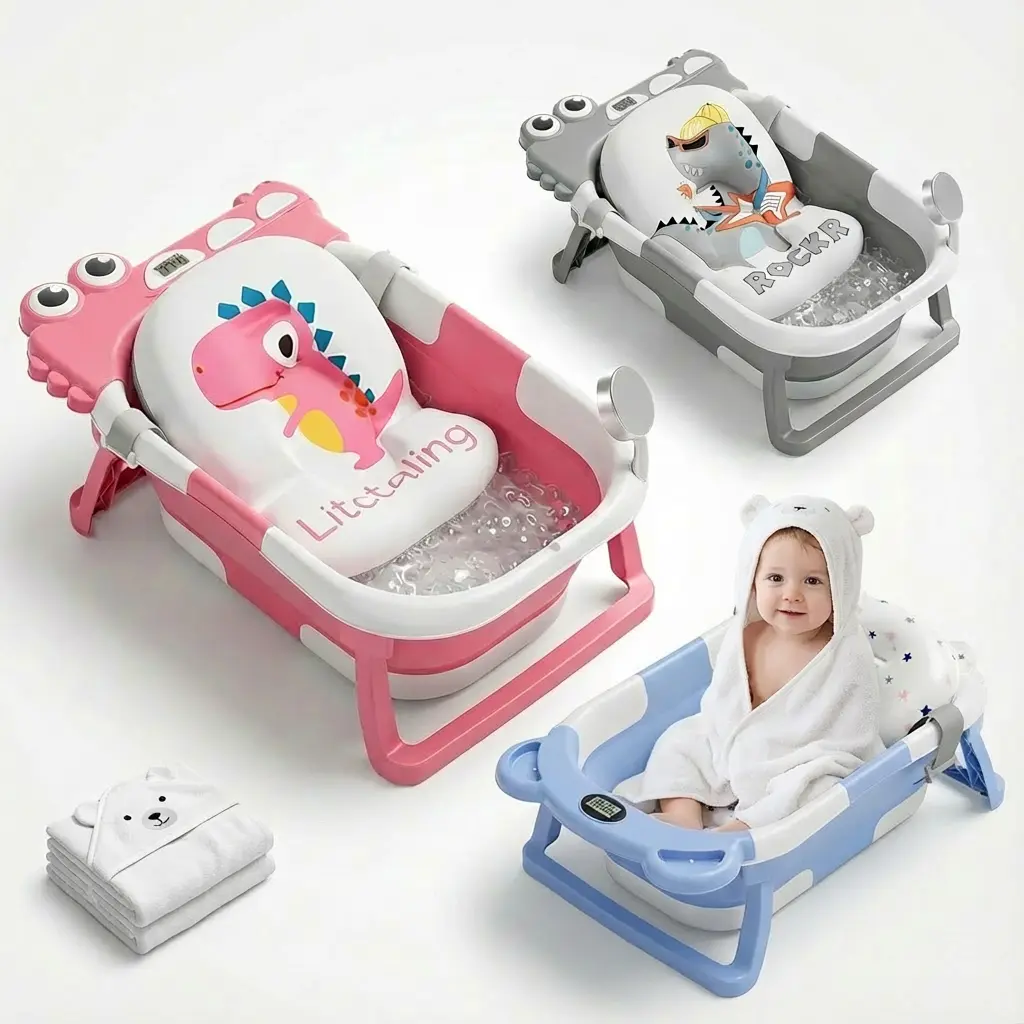 [Back To School] MoreFeel Collapsible Baby Bathtub for Infants to Toddler with Real-time Temp Monitor Floating Cushion Foldable Baby Bath Tub Set Applicable 0-36 Month Swing Seat Cute Newborn,sunscreen