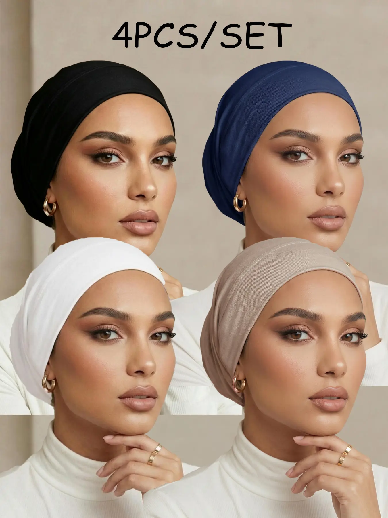 4PCS/SET Women's Fashion Modesty Flat Top Hat Jersey Hijab, Solid Muslim Headscarf, Lightweight Breathable Inner Hijab, Suitable for Abaya, Daily Use, All Seasons