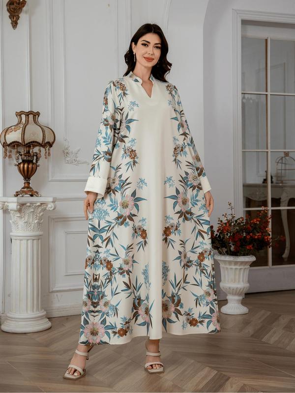Women's Floral Print Long Sleeve Dress, Elegant Modest Long Dress for Women, Women's Islamic Kaftan Dresses for All Seasons