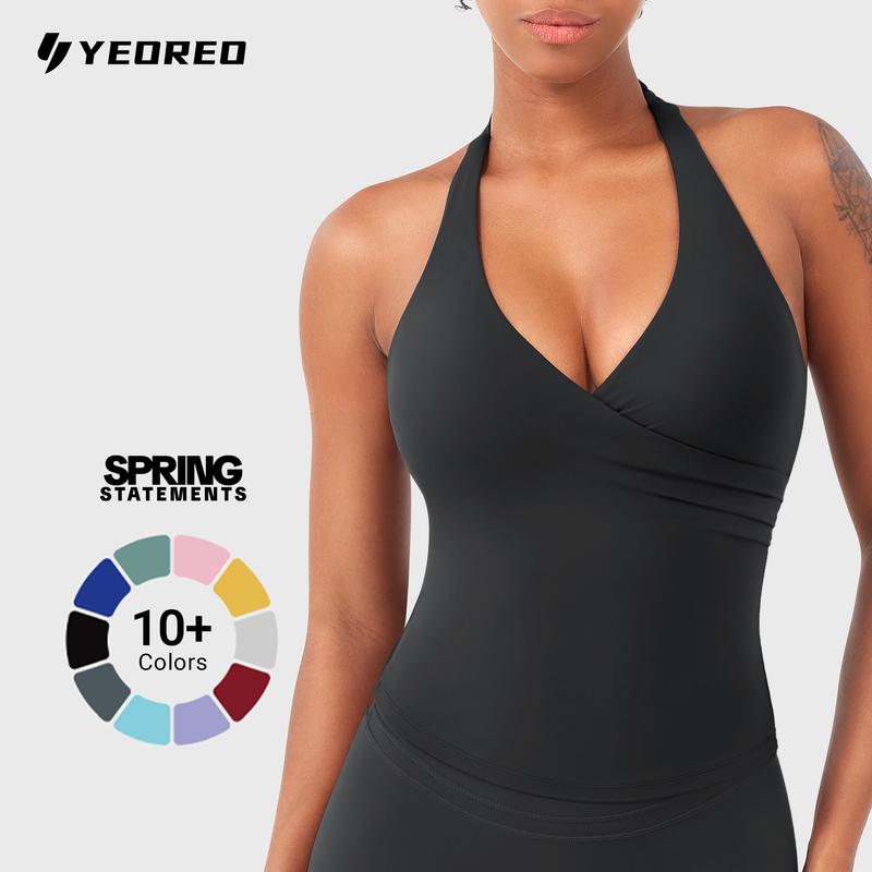 YEOREO Womens Halter Tank Tops Workout Impact Longline Strappy Top Padded Deep V Neck Wrap Gym Backless Bra Camisole sohochic