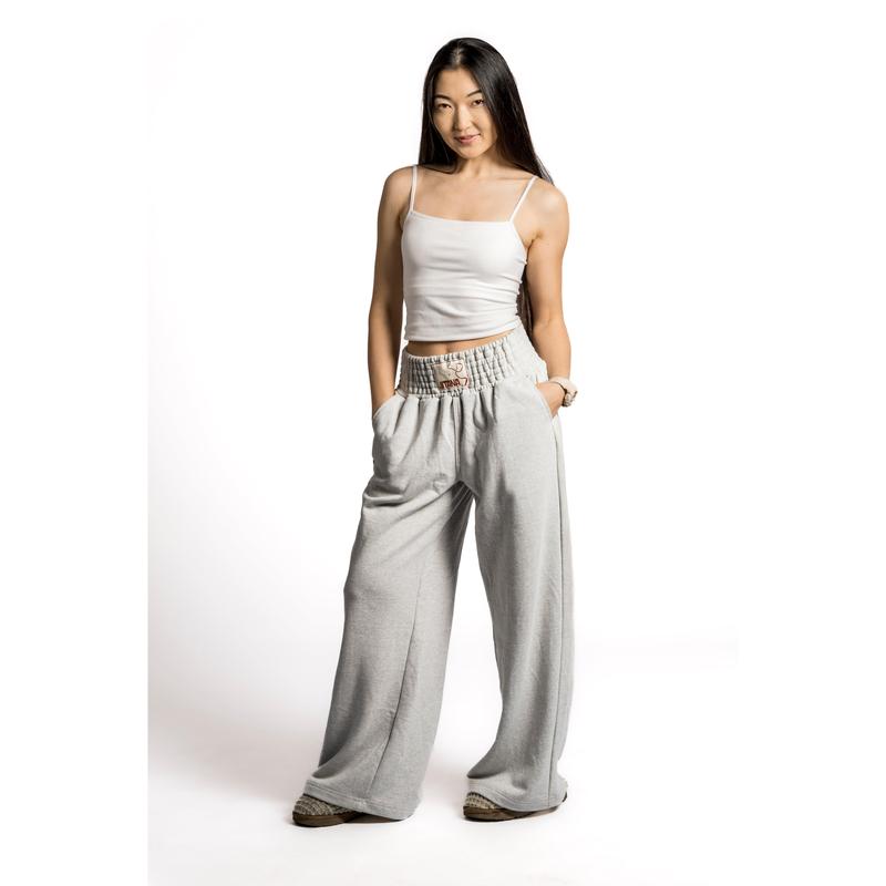 JITANA Women's Mae Baggy French Terry Wide Leg Pants - 2 Pockets, Ruched Elastic Waistband, Cute Korean Fit, Comfy Cotton-Polyester Fabric, All-Weather Womenswear Bottoms, Solid Grey