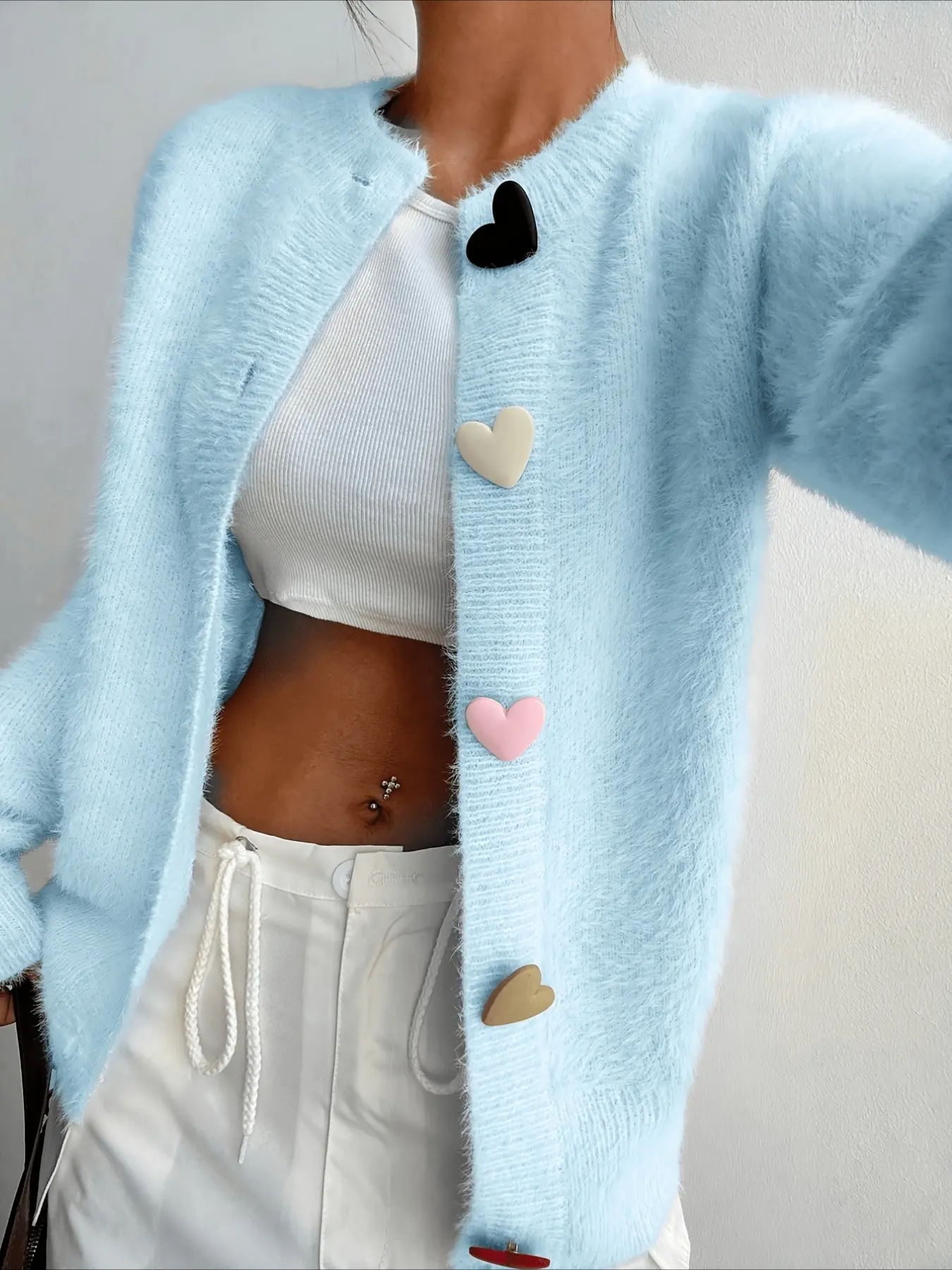 New Y2K Elegant Outdoor Women's Colorful Heart Button Round Neck Solid Casual Cardigan, Knit Fabric, Spring Fall Winter Essential