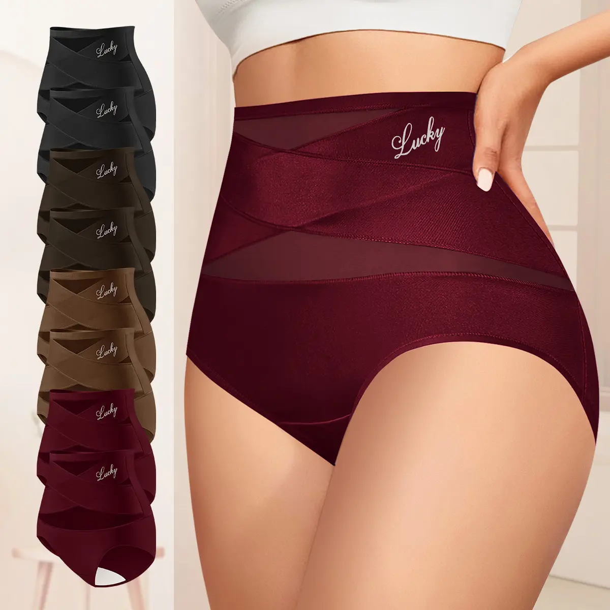 MORELECT High Waisted Letter Print Underwear，4/6/8 Pcs Ultra Lightweight Breathable Mesh, Crisscross Ventilation & Lucky Logo, Soft Everyday Undies，All Season Briefs,S-5XL
