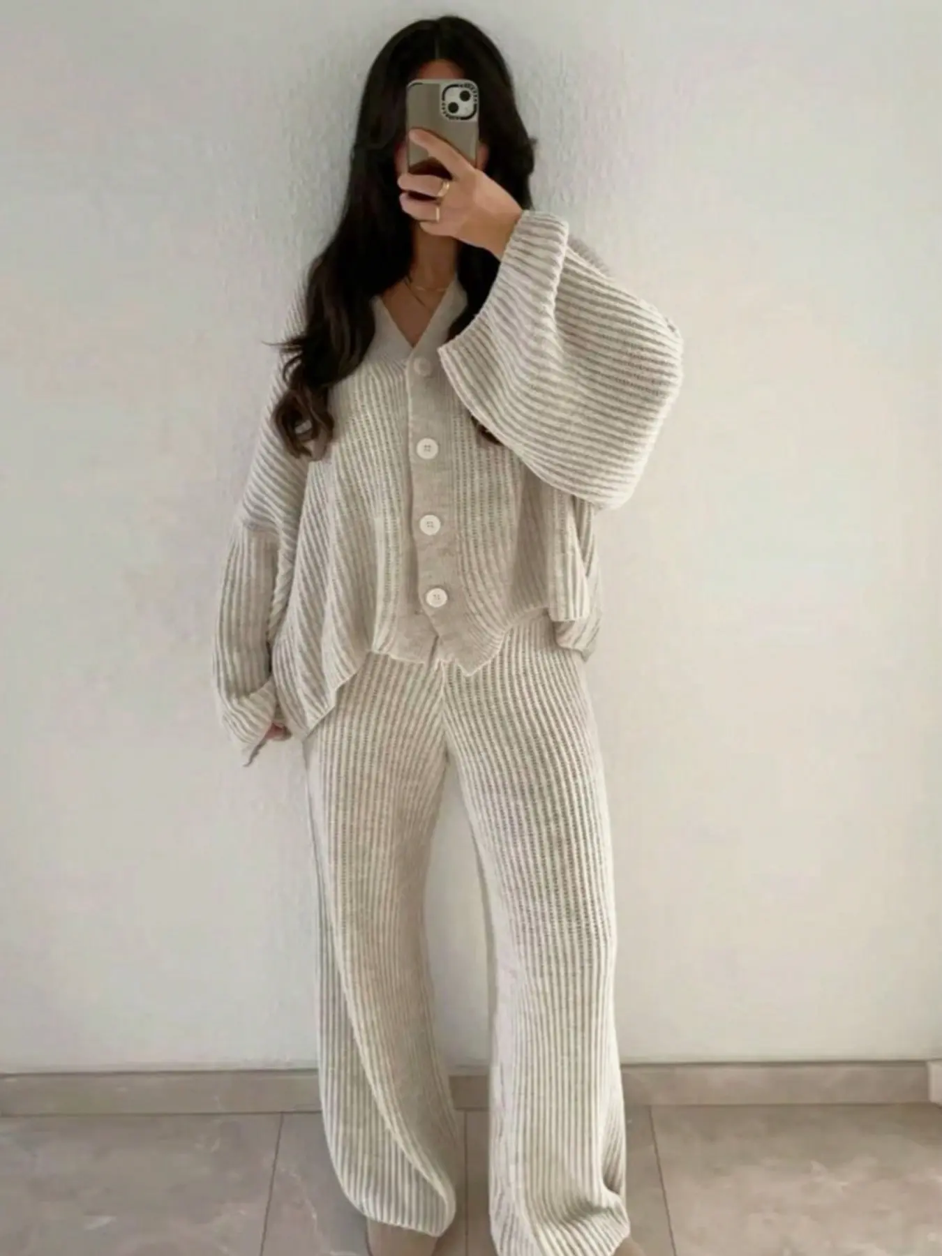 Two-Piece Loose Fit Y2K Elegant Casual, V-Neck Long Sleeve Knit Top, High-Waisted Pants, All Seasons Essential