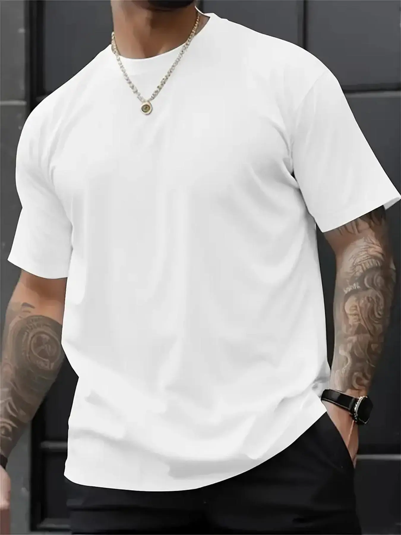 【Plus Size】 Men's Solid Round Neck Short Sleeve Tee, Regular Fit Casual ...