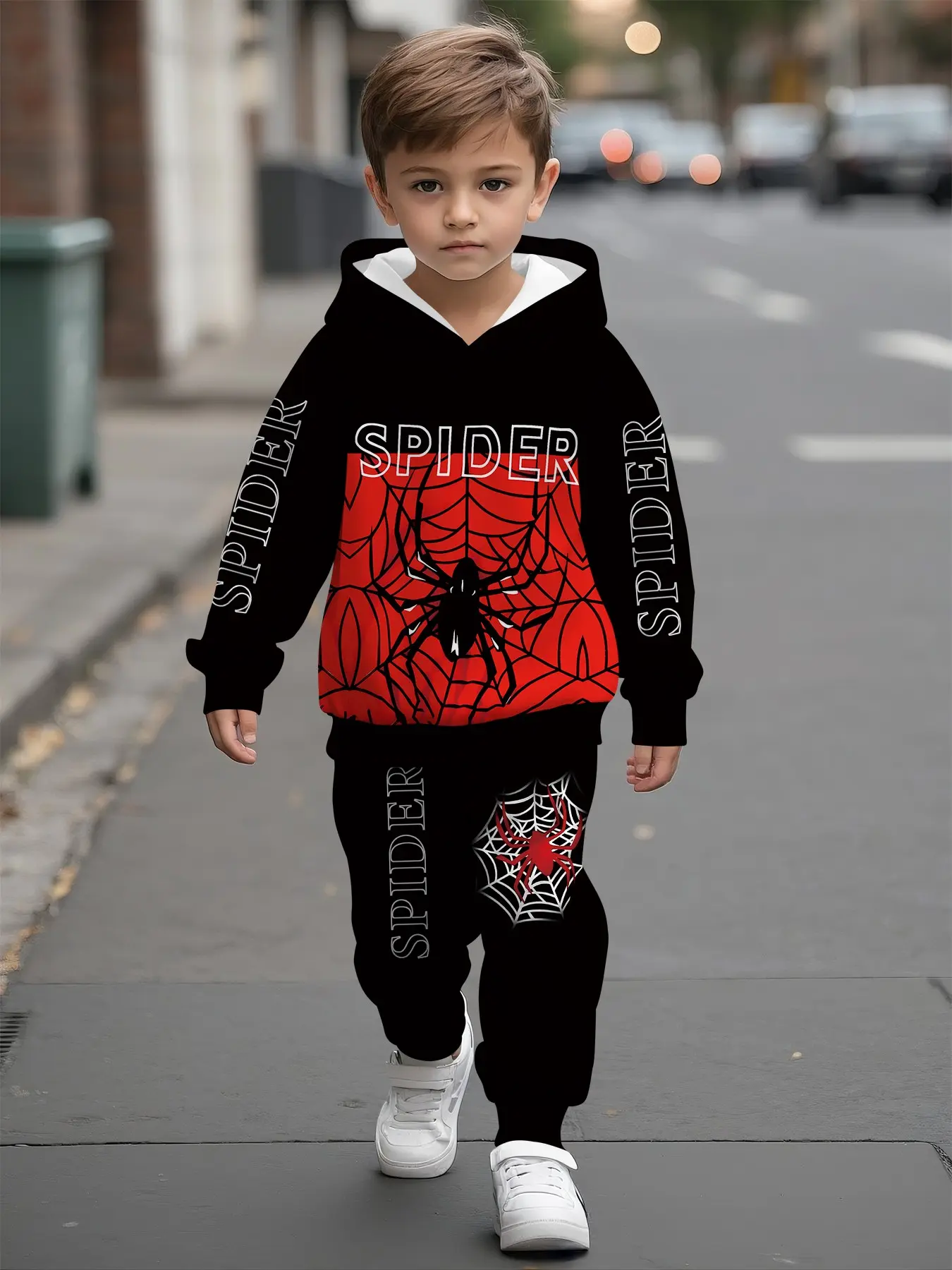 Baby Boys' Toddler Casual Hooded Sweatshirt Graphic Print Set Matching Set with Digital Print of Red Spider Web on Black Chest; comfortable casual outfit suitable for daily wear and outdoor trips, a trendy and versatile gift for little boys