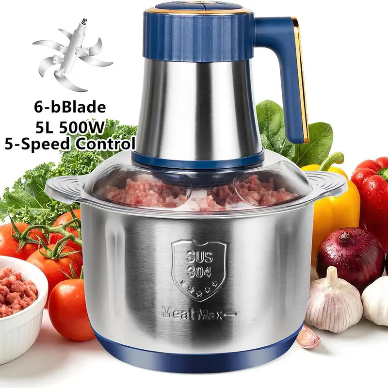 5L Electric Food Processor (Kitchen Appliances) - 500W, 6 Sharp Blades, 5 Speeds, BPA-Free 304 Stainless Steel Bowl, Easy Clean Kitchen Utensil for Family Meals, Vegetables, Sauces,home essentials homemakeover
