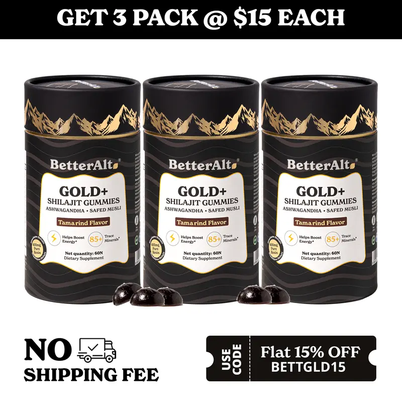 3 Packs of BetterAlt GOLD+ Shilajit Resin Gummies | With Ashwagandha & Safed Musli | Helps Improve Gym Performance | Lab-Tested for Purity Healthcare Dietary