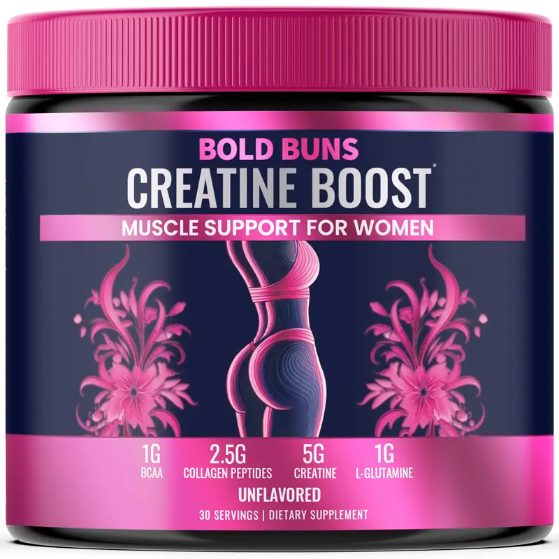 Bold Buns Creatine Boost For Women | 5g Creatine (200 mech), 2.5g Bioactive Collagen (Verisol), 1g BCAA, 1g L-Glutamine | Bloating Free, No Filler, Vegan, Made in USA (Unflavored, 30 Servings) - 292.5g | Fitness Dietary Supplement