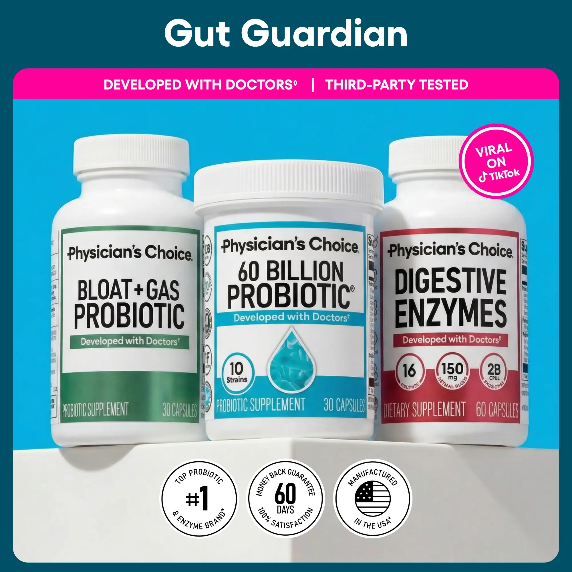 Physician's Choice Gut Guardian Bundle: Advanced Gut Health Support with 60 Billion Probiotic + Digestive Enzymes + Bloat & Gas Probiotic