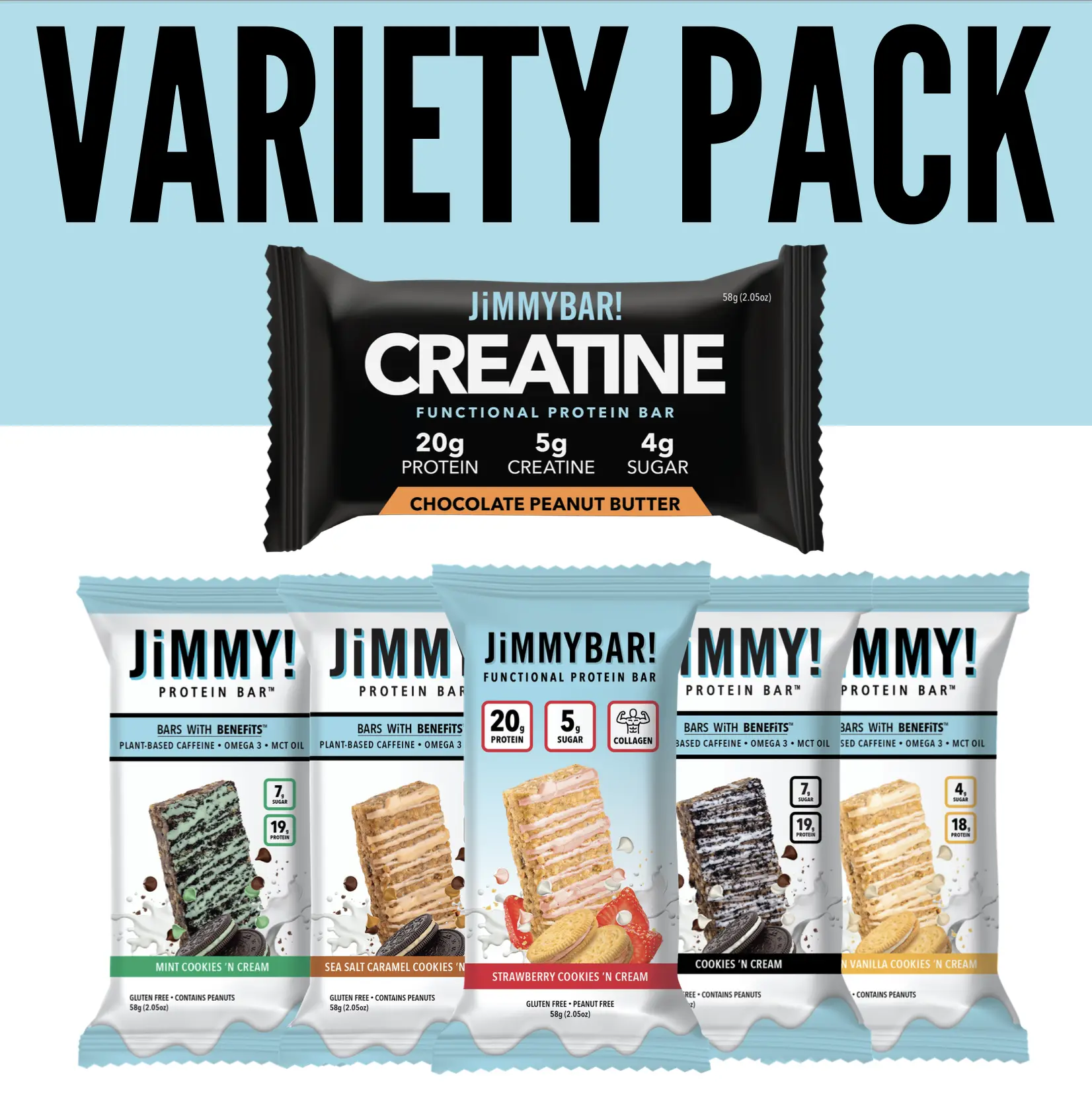 JIMMYBAR! Protein Variety Pack - 20g Protein, Creatine, Collagen, Caffeine, Omega-3s, MCT Oil for Brain Health, Real Peanuts, Chocolate, Strawberry, Vanilla, Caramel Option, Low Salt, Low Sugar, Milk Protein natural snack bar