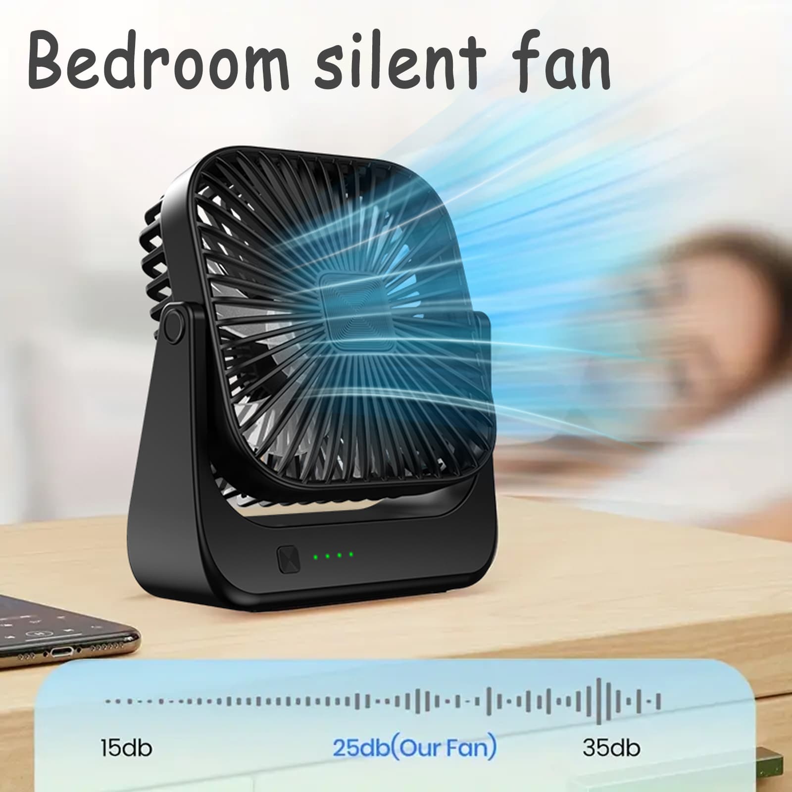 Sound Less Table Fan 查看[(Low Noise) Bedroom mini table fan, 2000mAh 4 Gears Portable Cooling ...