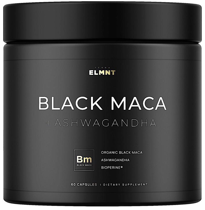 ELMNT 40x Strength Organic Black Maca Root w. Ashwagandha - High Potency Black Maca Root Capsules for Men. 100% Pure Maca Powder. Exercise support