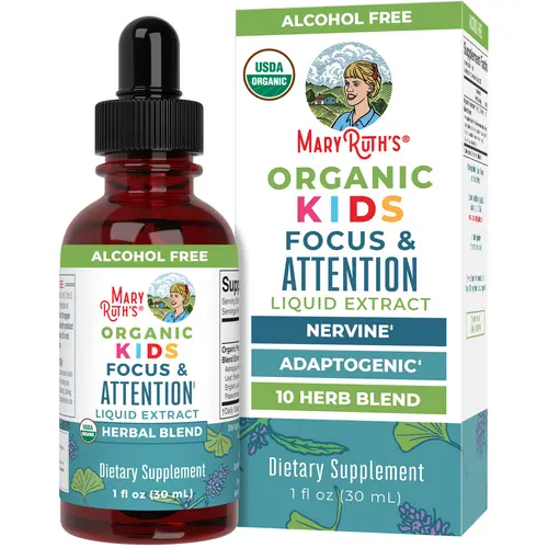 MaryRuth's Organic Kids Focus & Attention Drops - Adaptogenic - Nervine - Calming - 10 Herbal Blend - Vegan - Non-GMO - Gluten Free - 30 Servings