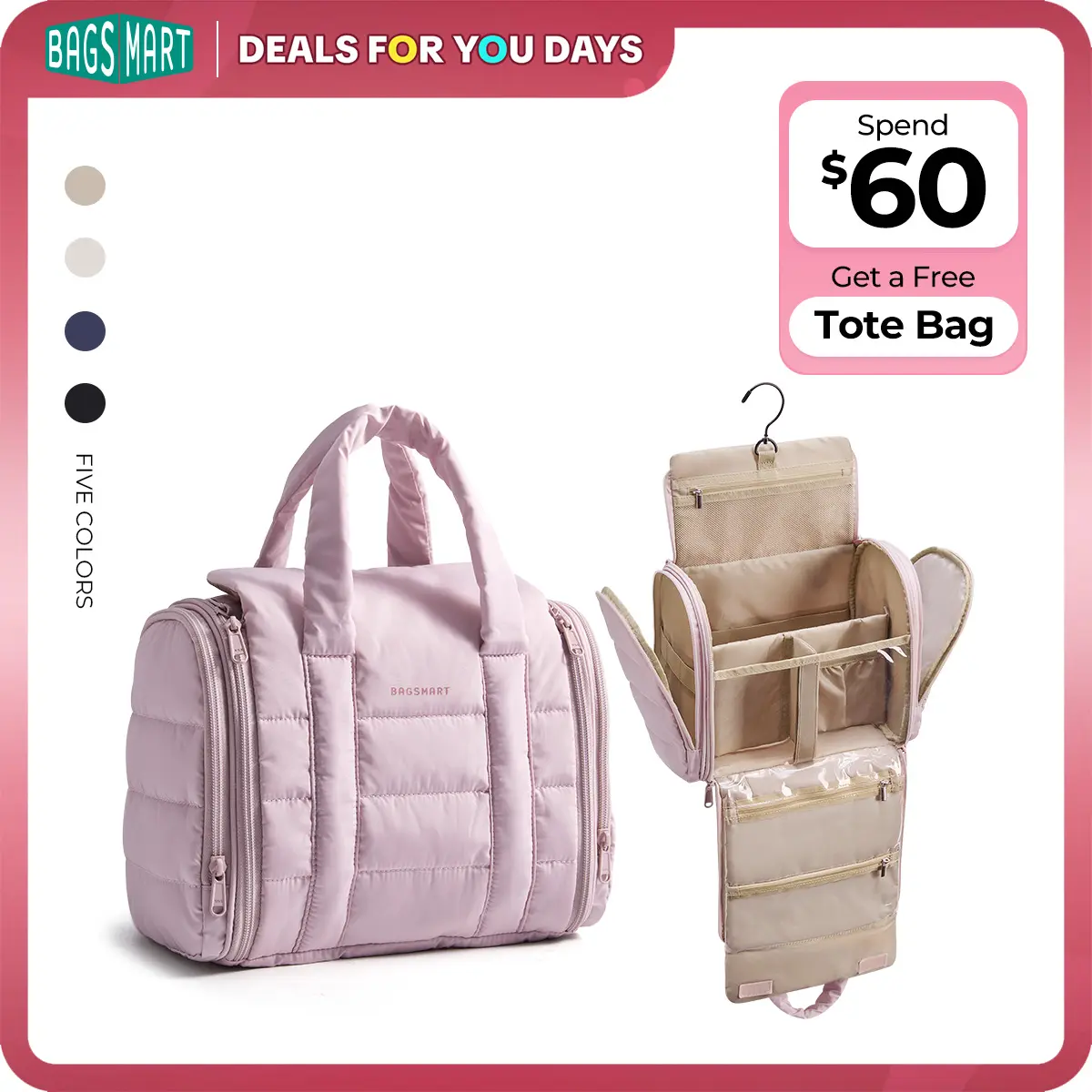 BAGSMART Travel Toiletry Bag for Women/Men, Hanging Toiletry Bag - Lightweight, Puffy Dry/Wet Pockets, Adjustable 2/3 Sections, Multi-Functional Travel Makeup Organizer tiktokshopsummersale tiktokshopbacktoschool