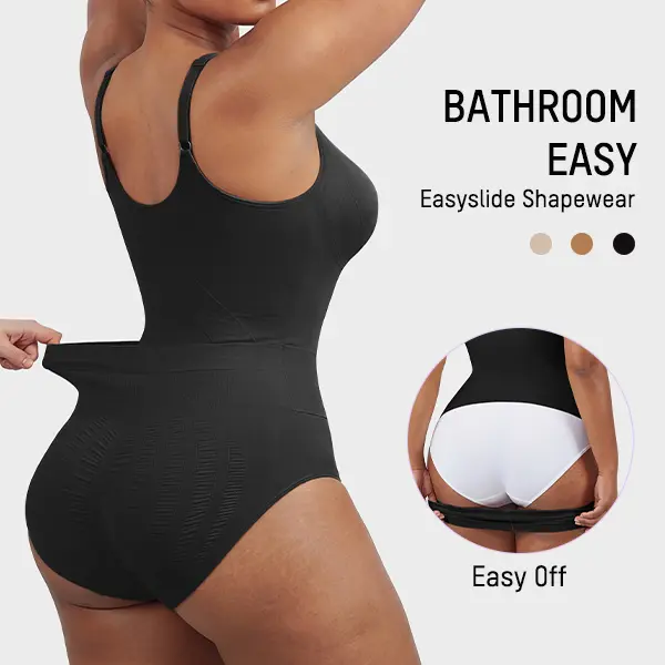 SHECURVE Easyslide High-Cut Shapewear Bodysuit for Women Tummy Control & Butt Lift Faja Seamless Thong Shaper with Bathroom Easy Back Opening Design Deep V Wire-Free Bust Support & Breathable Fabric for Summertime Outfits