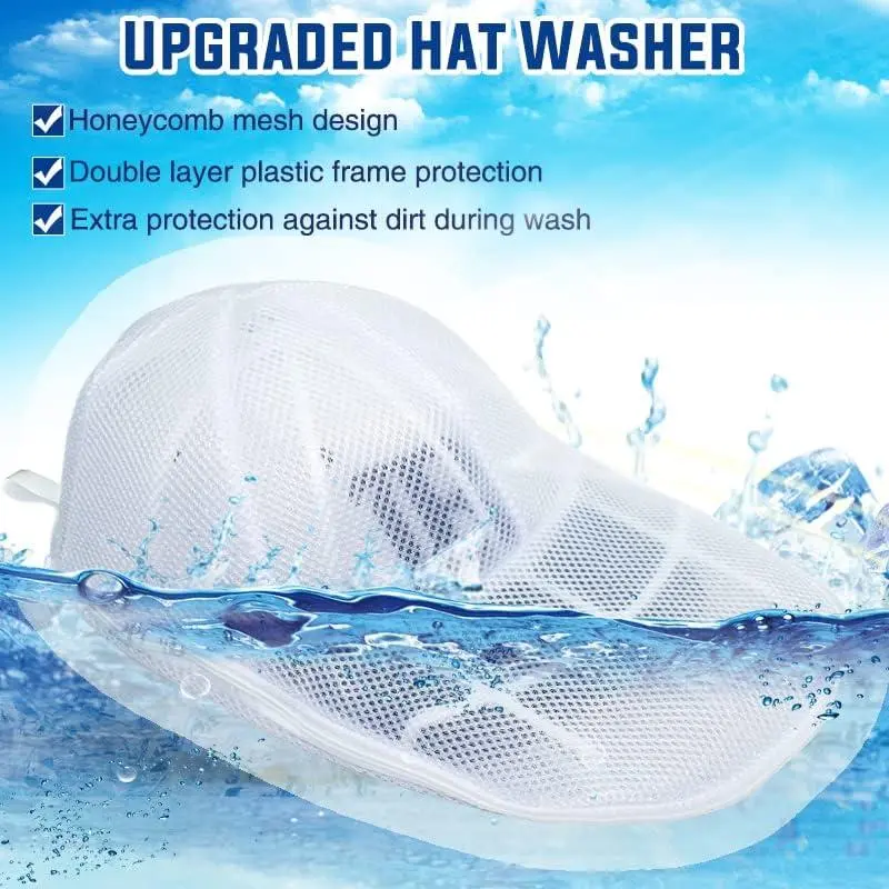 White hat washer cage inside a honeycomb zip mesh bag