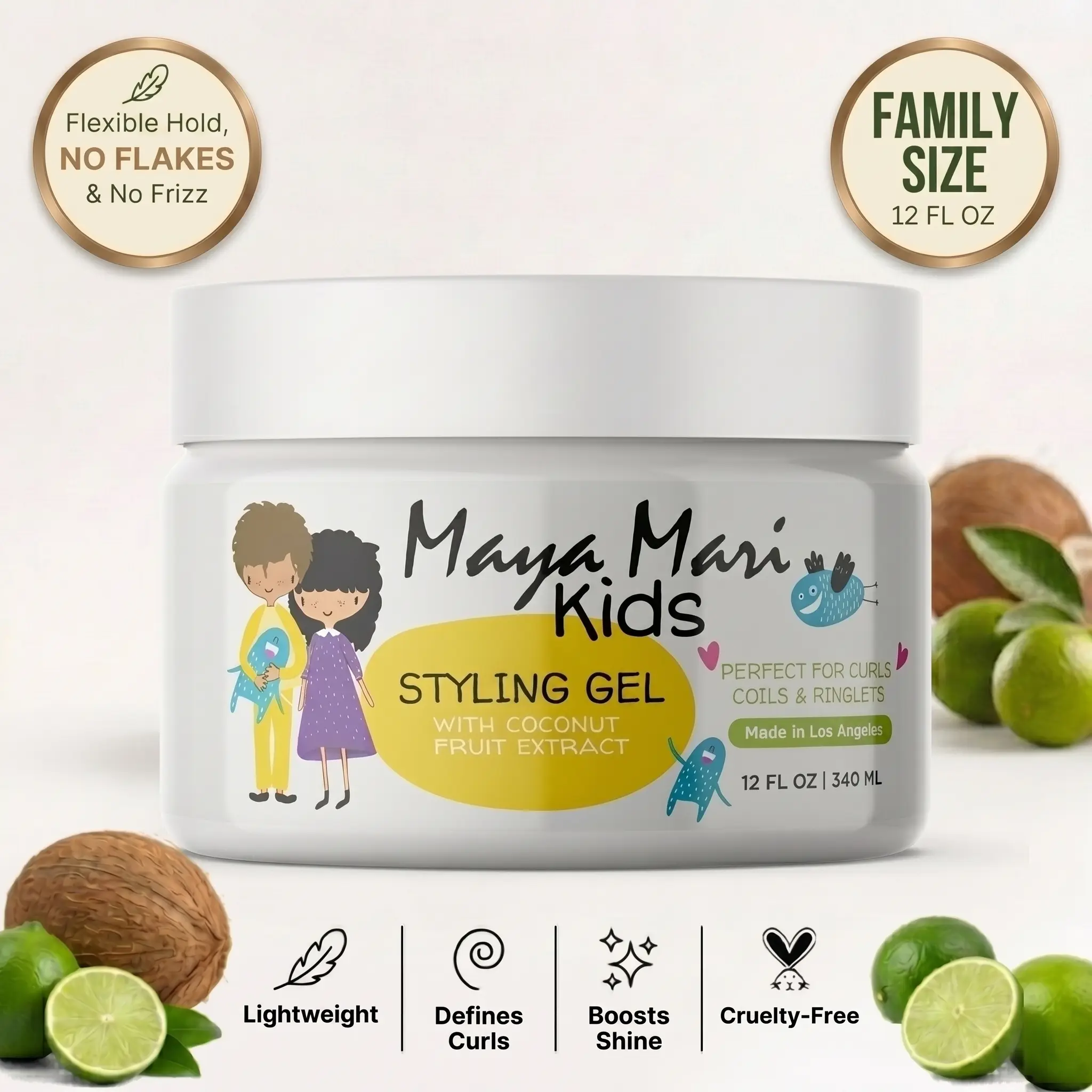 Maya Mari Kids Hair Styling Gel with Coconut Fruit Extract - Lightweight Gel for Curly, Textured Hair, 12 oz - Enhances Defined, Bouncy, Glossy Curls, Curly Hair, Defined Curls