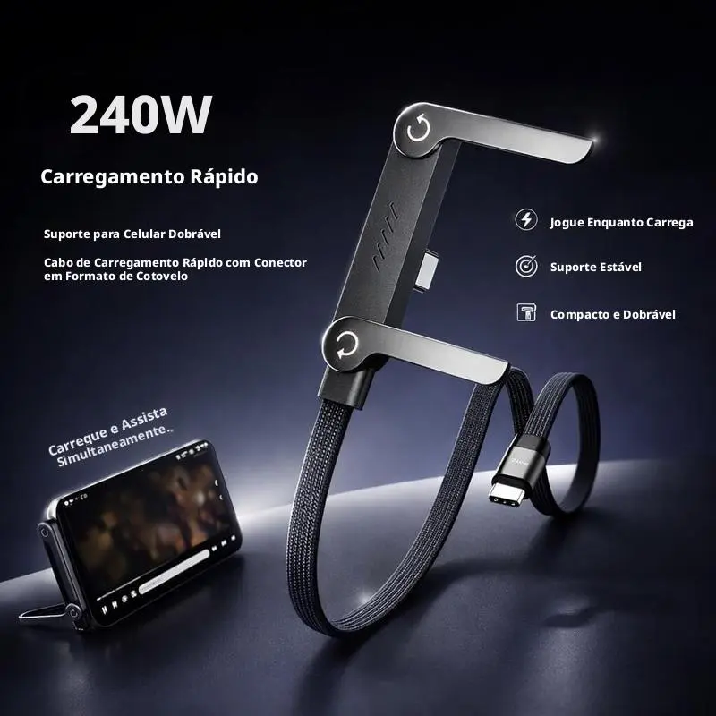 Cavo Di Ricarica 2-in-1 Con Supporto Invisibile Pieghevole, 240W, USB-C, 1.5m, Per Smartphone E Tablet In Auto O Scrivania