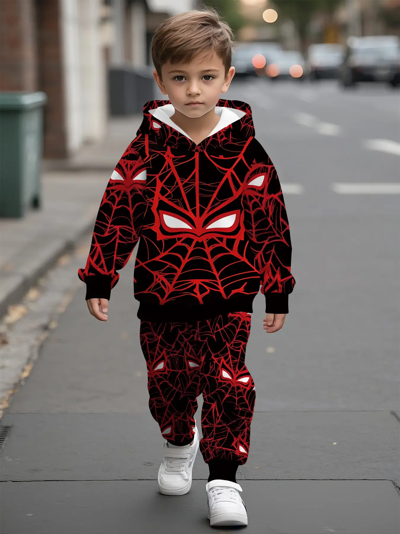 Full-Print Hooded Sweatshirt Matching Set, Spider Web Mask Digital Print, Casual Comfy Daily Outfit, Trendy Versatile Gift for Kids Boys