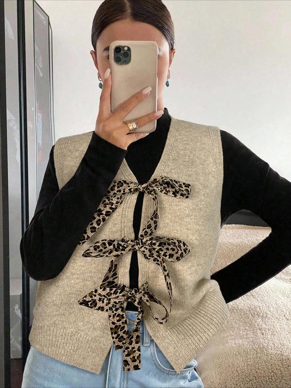 New Women's Elegant V-Neck Leopard Print Bow Tie Knit Vest, Y2K Style, Spring & Winter, Casual Fashion, Perfect for Daily Wear