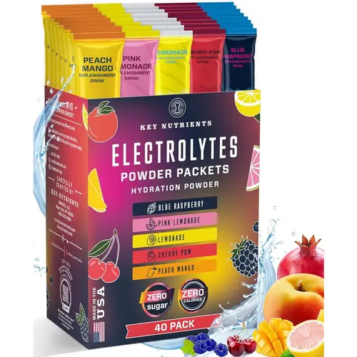 KEY NUTRIENTS 40 Pack Multivitamin Hydration Packets for Recovery - 5 Delicious Flavors - Electrolytes Powder Packets No Sugar - No Calories, Gluten Free, Keto - 40 Servings - Made in USA