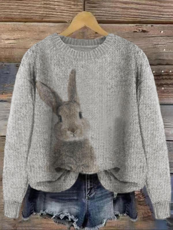 查看[Women's Rabbit Print Drop Shoulder Sweater, Casual Long Sleeve Round ...
