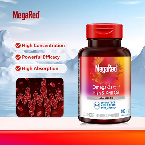 MegaRed Edible pure Antarctic concentrated Omega-3 4in1 soft capsules, containing the best krill oil and deep-sea cod liver oil , 500mg Each, 80 Count