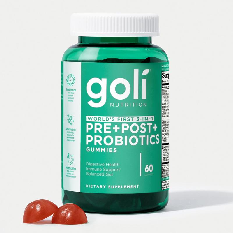 Goli Pre, Post, Probiotics Gummy - World's First 3-in-1 Gluten-Free, Vegan, Non-GMO, and Gelatin-Free.