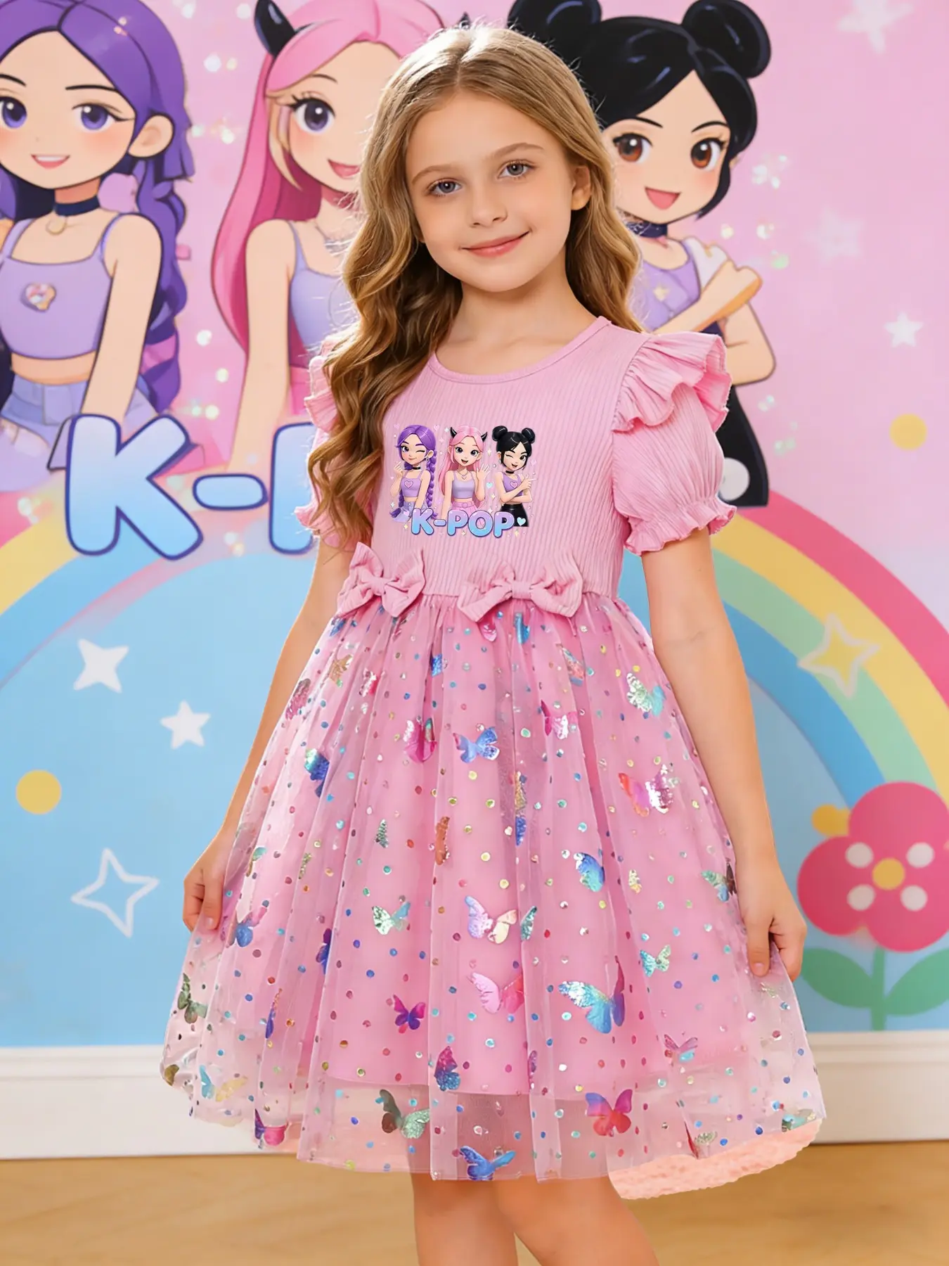 Girls' Elegant Princess Dress, Cartoon Butterfly Print, Slim-Fitting Summer Gown, Birthday Clothes, Perfect for Easter, Valentine's Day, Parties, Gifts, Birthdays