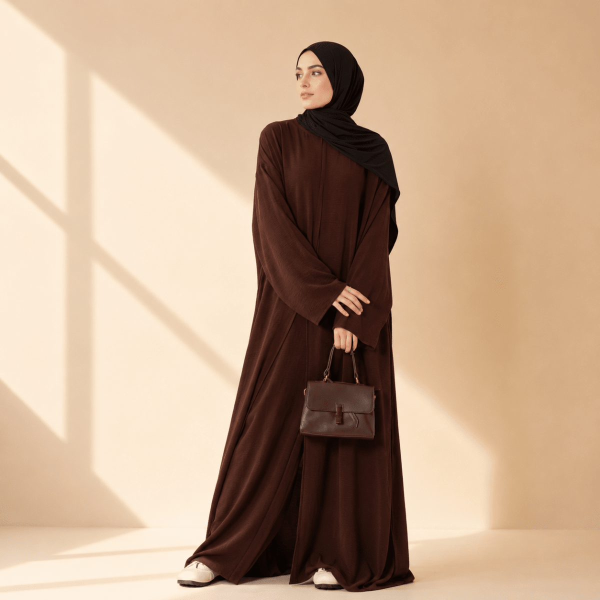 Women's Modest Islamic 2-Piece Multi-Slitted Crepe Abaya Set, Wide-Leg Pants with Pockets (MA436)
