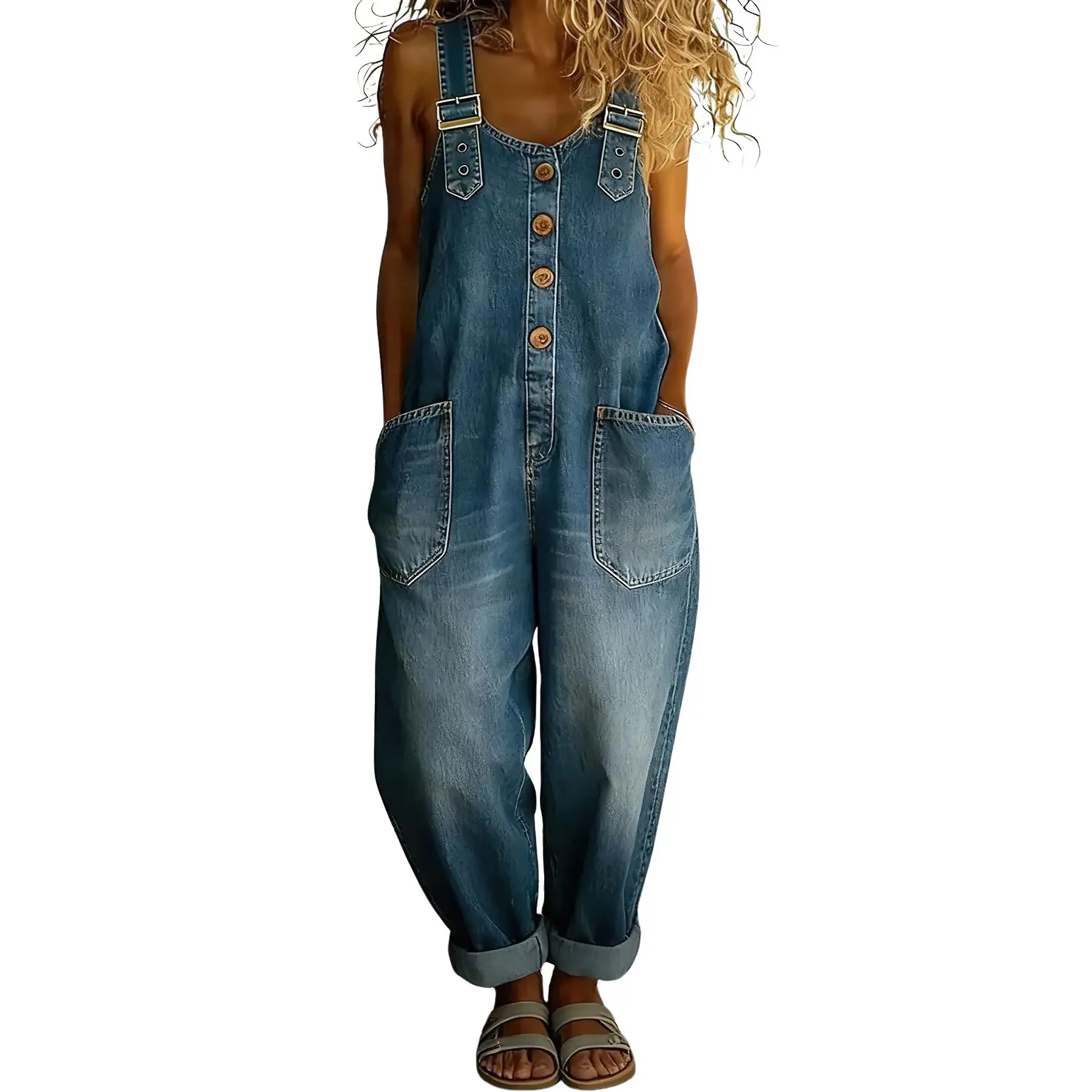 Chouyatou Vintage Loose Wide Leg Jean Bib Overalls Women’s Y2K Button Front Denim Overall Pants One-Piece Romper Jumpsuit