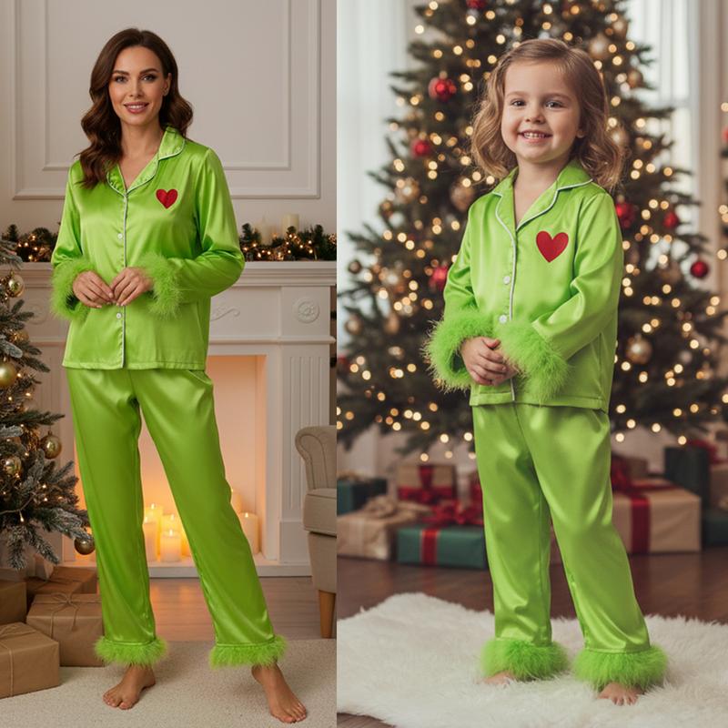 查看[Family Matching Pajamas Set Silk Satin Button Down Sleepwear Long ...