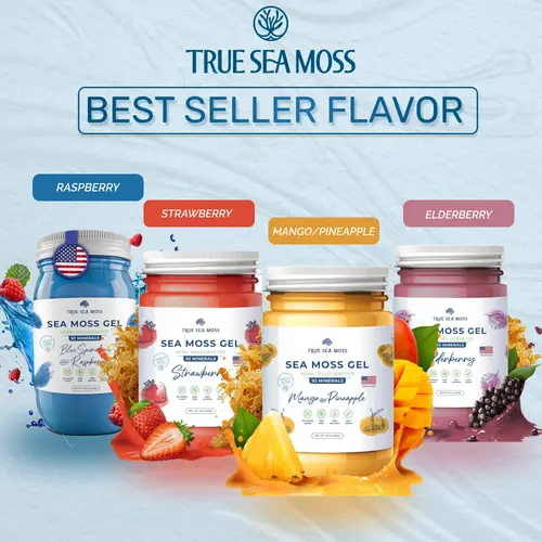 TrueSeaMoss Gel All Best Selling Flavors - Mango-Pineapple, Strawberry, Elderberry, Blue Spirulina – Multivitamin, Energy – GMO free, Gluten Free