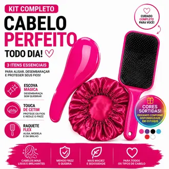 Kit Premium 3 em 1 | Escova Mágica + Touca de Cetim + Raquete Flex | Cabelos Sem Frizz - CORES SORTIDAS